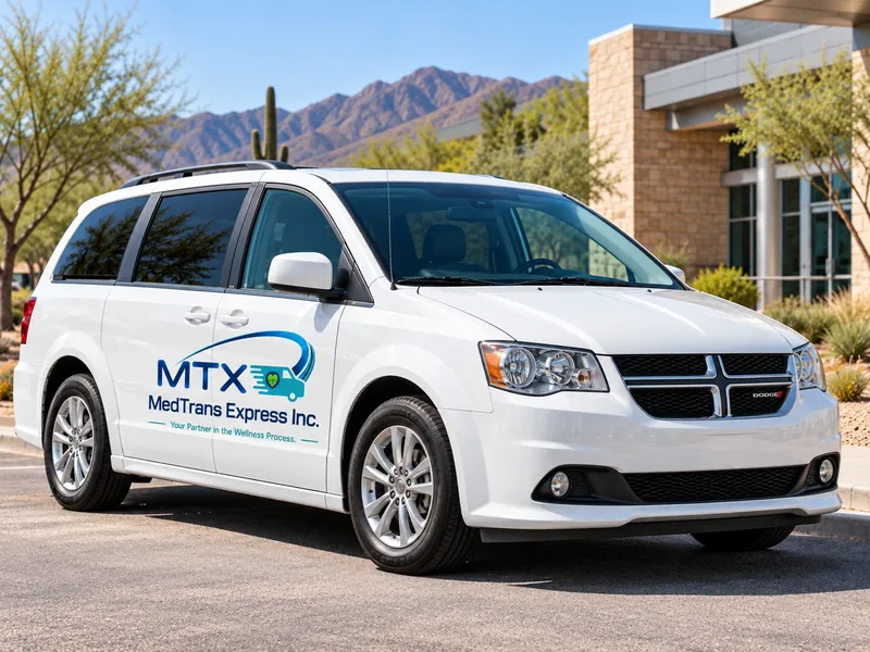 Illustration of a white Dodge Grand Caravan minivan with MTX MedTrans Express Inc. branding on the side door, parked outside a stone healthcare building with Arizona mountains behind