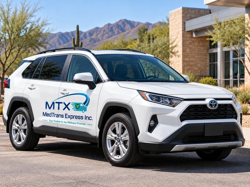 Illustration of a white Toyota RAV4 compact SUV with MTX MedTrans Express Inc. branding on the side doors, parked outside a stone healthcare building with Arizona mountains behind