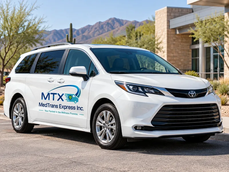 Illustration of a white Toyota Sienna minivan with MTX MedTrans Express Inc. branding on the side door, parked outside a stone healthcare building with Arizona mountains behind