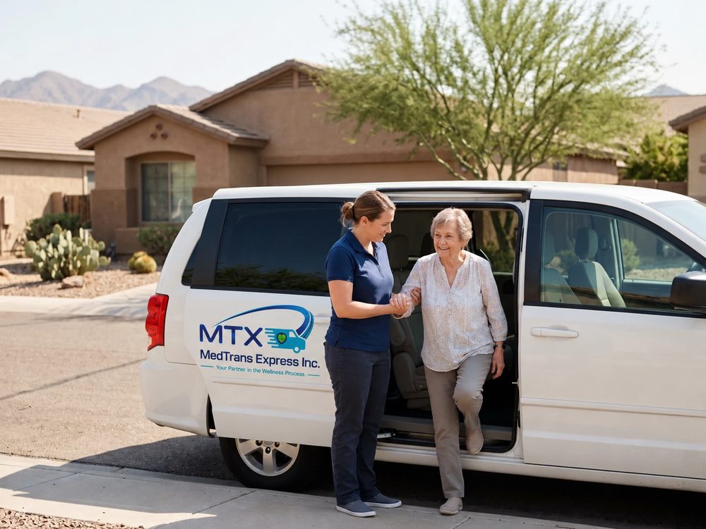 An MTX caregiver helps a smiling older woman step out of a white MTX minivan outside her Arizona home.