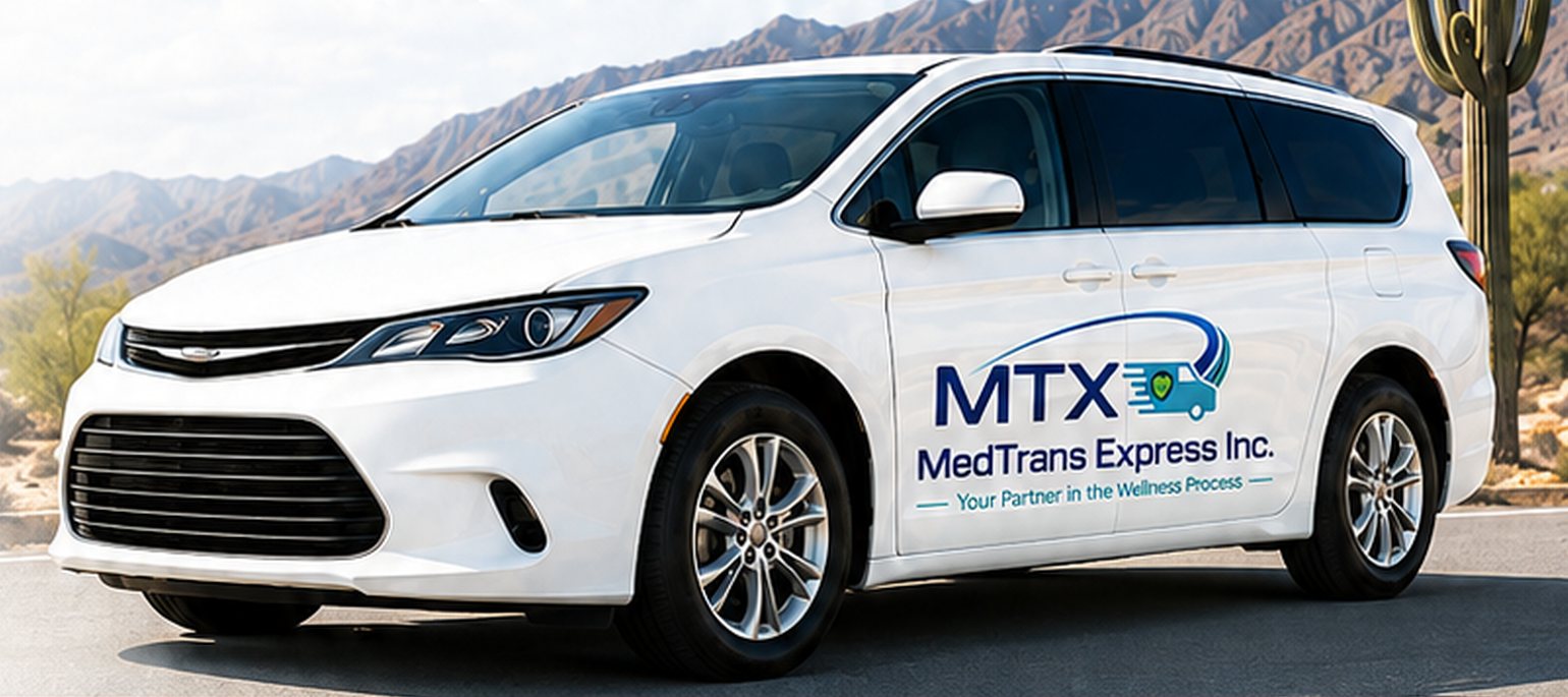 A white MTX minivan with the MedTrans Express logo, parked on a road in the Arizona desert with mountains and a saguaro cactus behind it